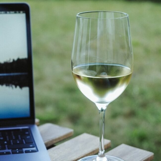 Laptop and wine outdoors.